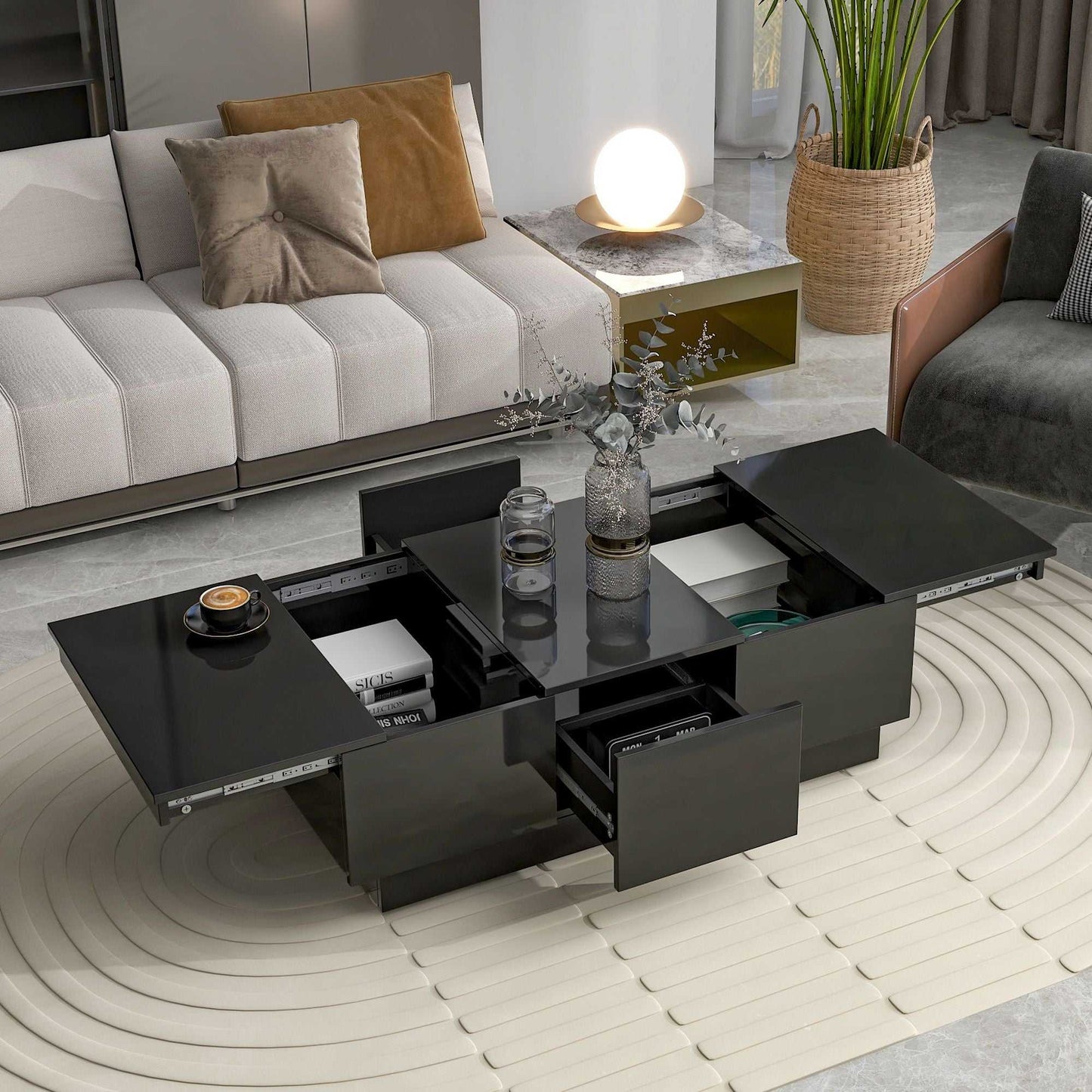 Coffee Table with 2 large Hidden Storage Compartment, Extendable Cocktail Table with 2 Drawers, High-gloss Center Table with Sliding Top for Living Room, 39.3"x21.6", Black - luxuryhomedecoridea.com