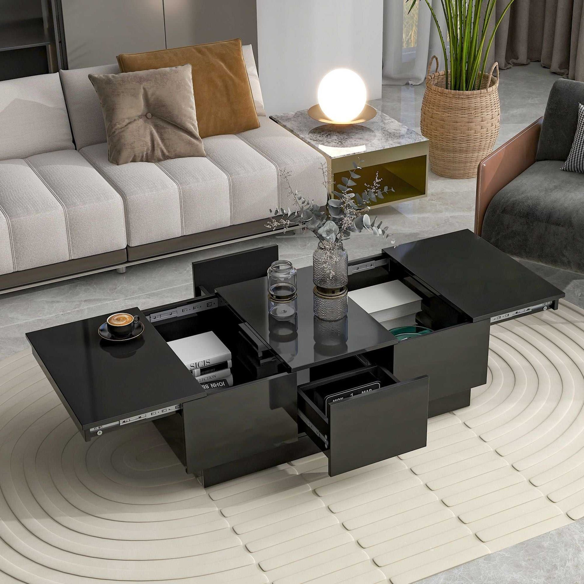 Coffee Table with 2 large Hidden Storage Compartment, Extendable Cocktail Table with 2 Drawers, High-gloss Center Table with Sliding Top for Living Room, 39.3"x21.6", Black - luxuryhomedecoridea.com