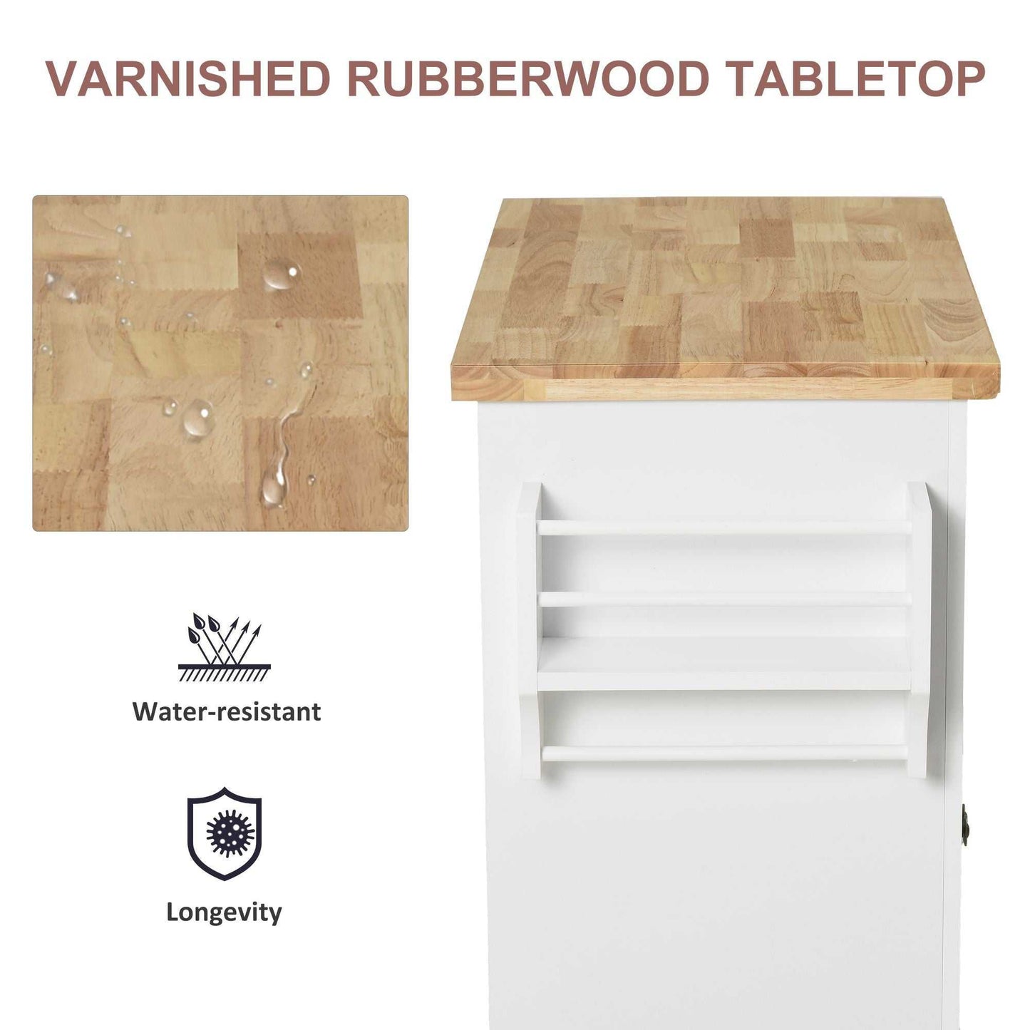 Rolling Kitchen Cart, White, Wood Top, Spice/Towel Rack, Storage Drawers, Movable Dining Room Trolley - luxuryhomedecoridea.com