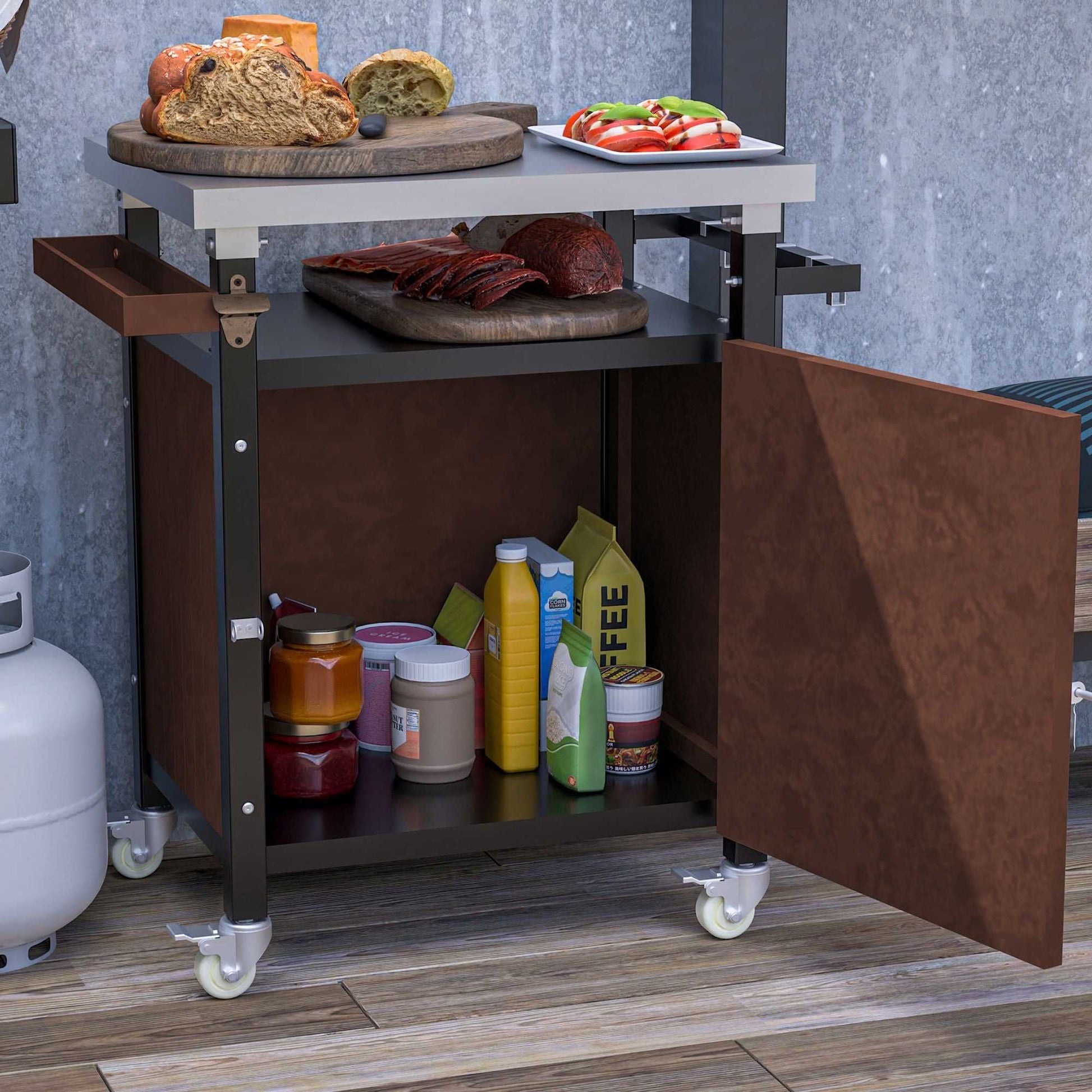 Outdoor Grill Cart with Stainless Steel Tabletop, Storage, Patio Kitchen Island with Wheels, Hooks, and Spice Rack, Waterproof Outdoor Grill Table, Movable BBQ Serving Cart Rolling Bar Cart - luxuryhomedecoridea.com
