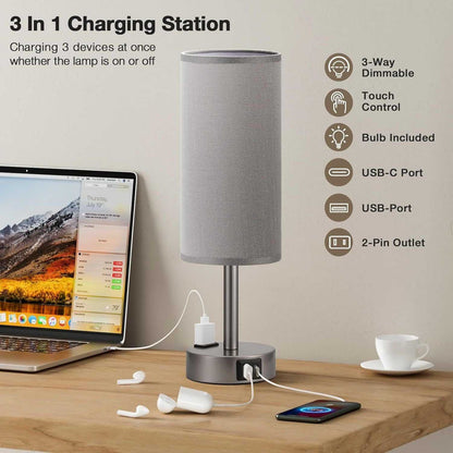 Grey Bedside Table Lamp for Bedroom - 3 Way Dimmable Touch Lamp USB C Charging Ports and AC Outlet, Small Lamp for Living Room, Desk, LED Bulb Included - luxuryhomedecoridea.com