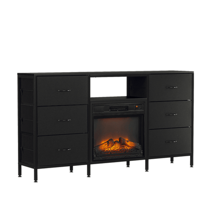 Black Embossed Fireplace TV Stand with 18 Inch Insert & 6 Fabric Drawers, RGB Lights, Industrial Iron-Wood Design Media Console, 58 x 11.8 x 31.3 Inch - luxuryhomedecoridea.com