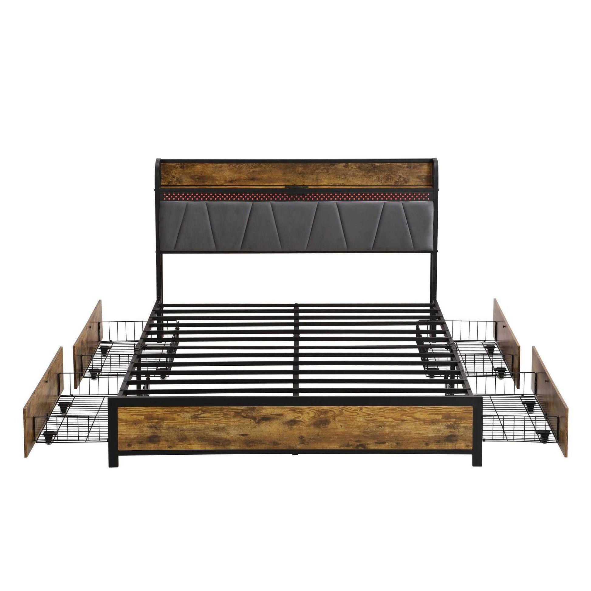 Queen Size Bed Frame, Storage Headboard with Charging Station and 4 Storage Drawers,LED Lights , Brown and Gray - luxuryhomedecoridea.com