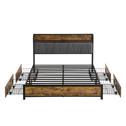 Queen Size Bed Frame, Storage Headboard with Charging Station and 4 Storage Drawers,LED Lights , Brown and Gray - luxuryhomedecoridea.com