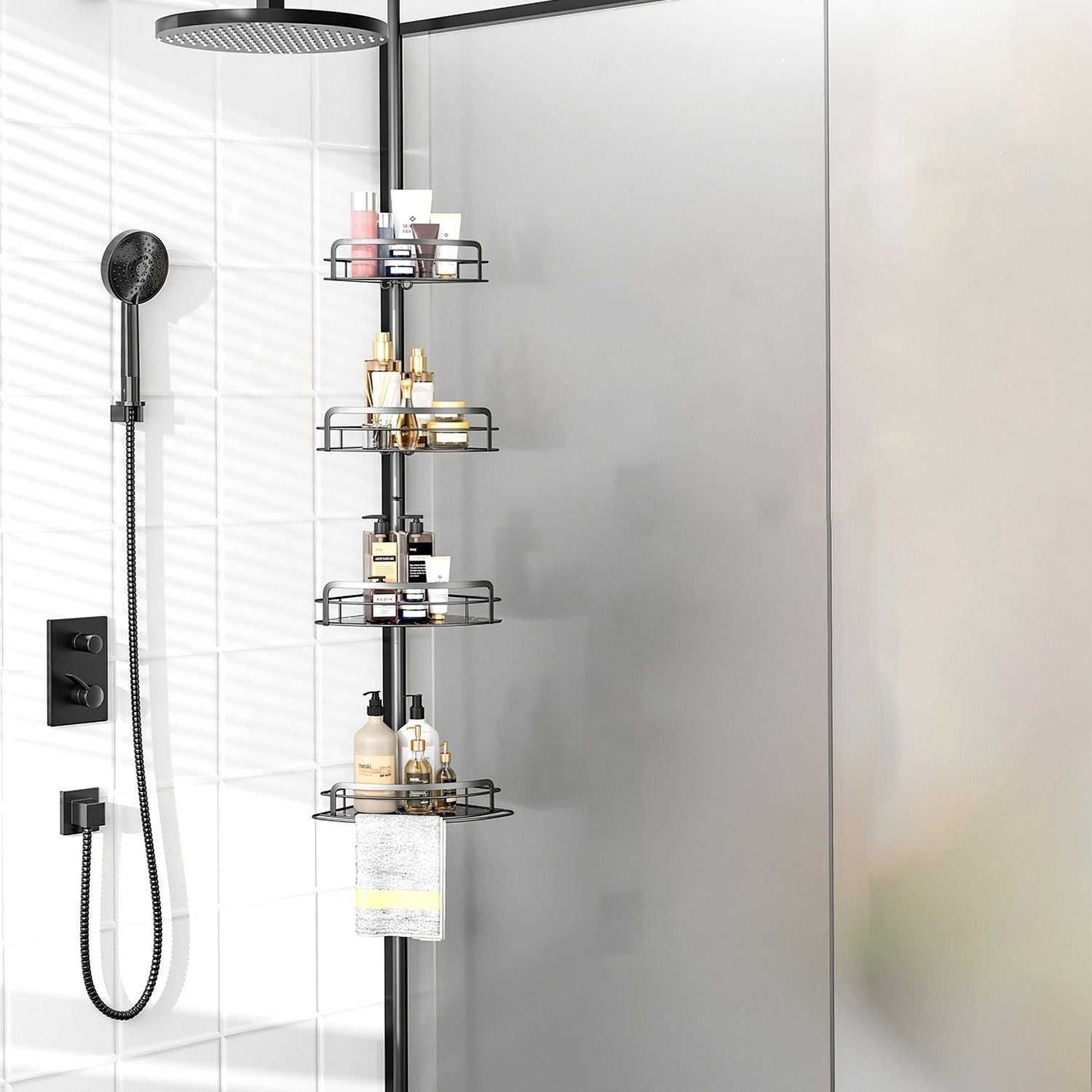 Corner Shower Caddy Tension Pole, Quick Setup, Rust-Free Bathroom Shower Organizer Corner for Bathtub Shampoo Storage, 4-Tier Adjustable Shelf, Drill Free, Fits 8.66 to 116 Inch Height, Black - luxuryhomedecoridea.com
