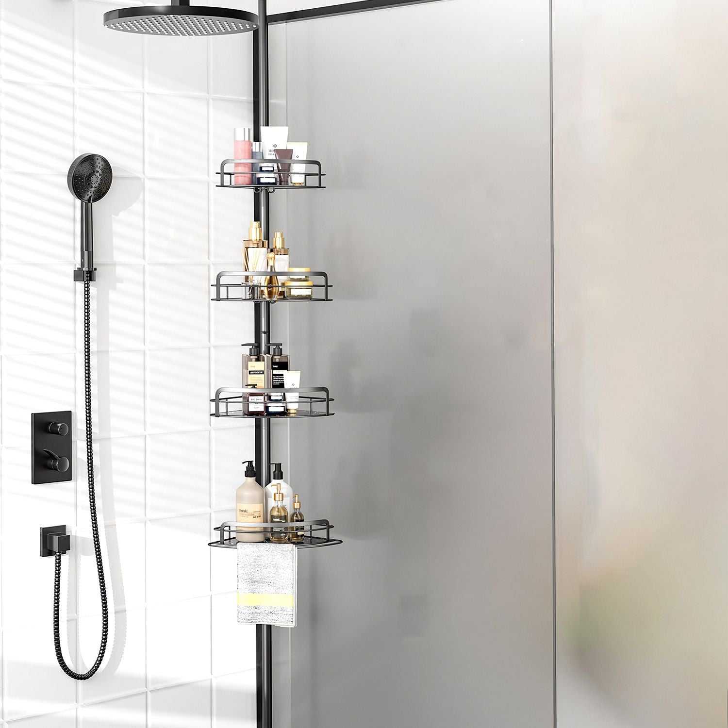 Corner Shower Caddy Tension Pole, Quick Setup, Rust-Free Bathroom Shower Organizer Corner for Bathtub Shampoo Storage, 4-Tier Adjustable Shelf, Drill Free, Fits 8.66 to 116 Inch Height, Black - luxuryhomedecoridea.com