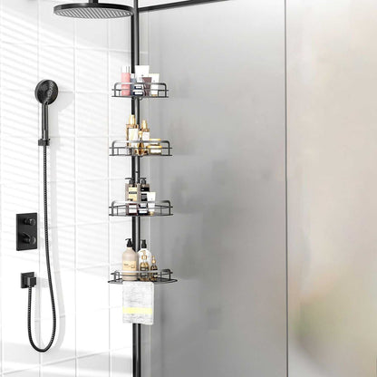 Corner Shower Caddy Tension Pole, Quick Setup, Rust-Free Bathroom Shower Organizer Corner for Bathtub Shampoo Storage, 4-Tier Adjustable Shelf, Drill Free, Fits 8.66 to 116 Inch Height, Black - luxuryhomedecoridea.com