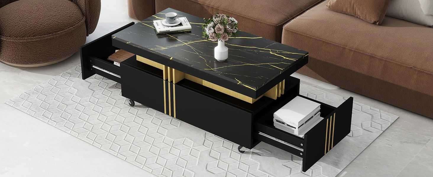 [VIDEO provided] ON-TREND Contemporary Coffee Table with Faux Marble Top, Rectangle Cocktail Table with Caster Wheels, Moderate Luxury Center Table with Gold Metal Bars for Living Room, Black - luxuryhomedecoridea.com