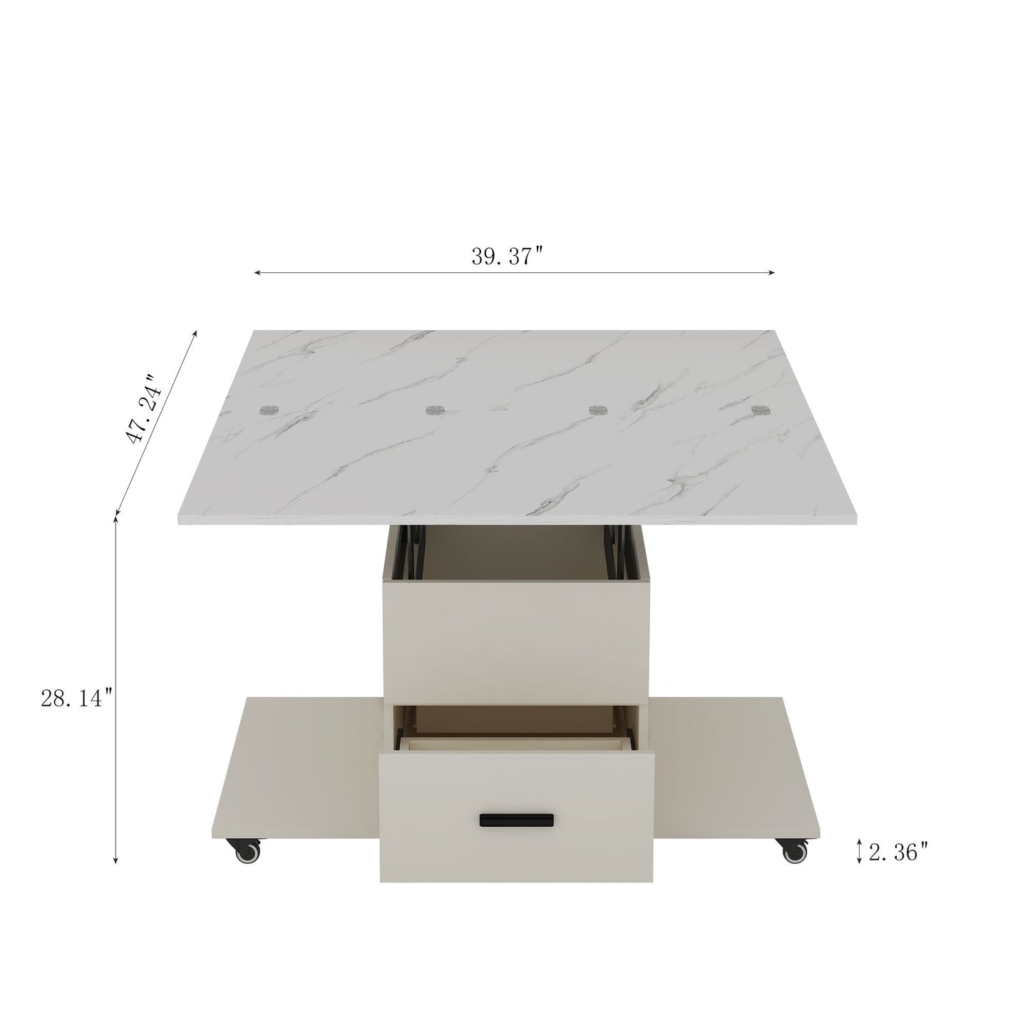 Modern Lift-Up Coffee Table with 4 Stools Set for Living Room Expandable 1 Hidden Storage + 2 Drawers Space Saving Folding Dining Table - luxuryhomedecoridea.com