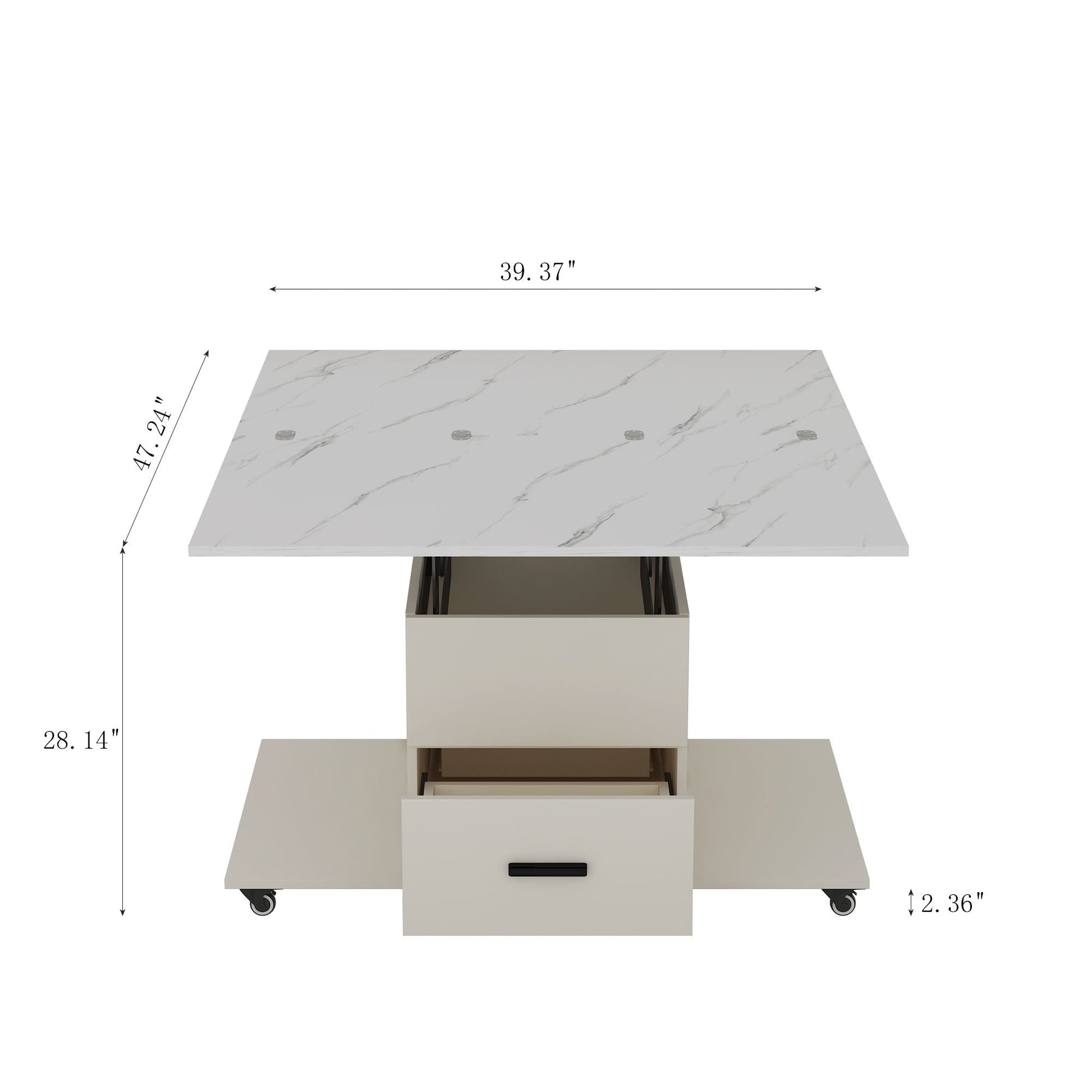 Modern Lift-Up Coffee Table with 4 Stools Set for Living Room Expandable 1 Hidden Storage + 2 Drawers Space Saving Folding Dining Table - luxuryhomedecoridea.com