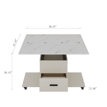 Modern Lift-Up Coffee Table with 4 Stools Set for Living Room Expandable 1 Hidden Storage + 2 Drawers Space Saving Folding Dining Table - luxuryhomedecoridea.com