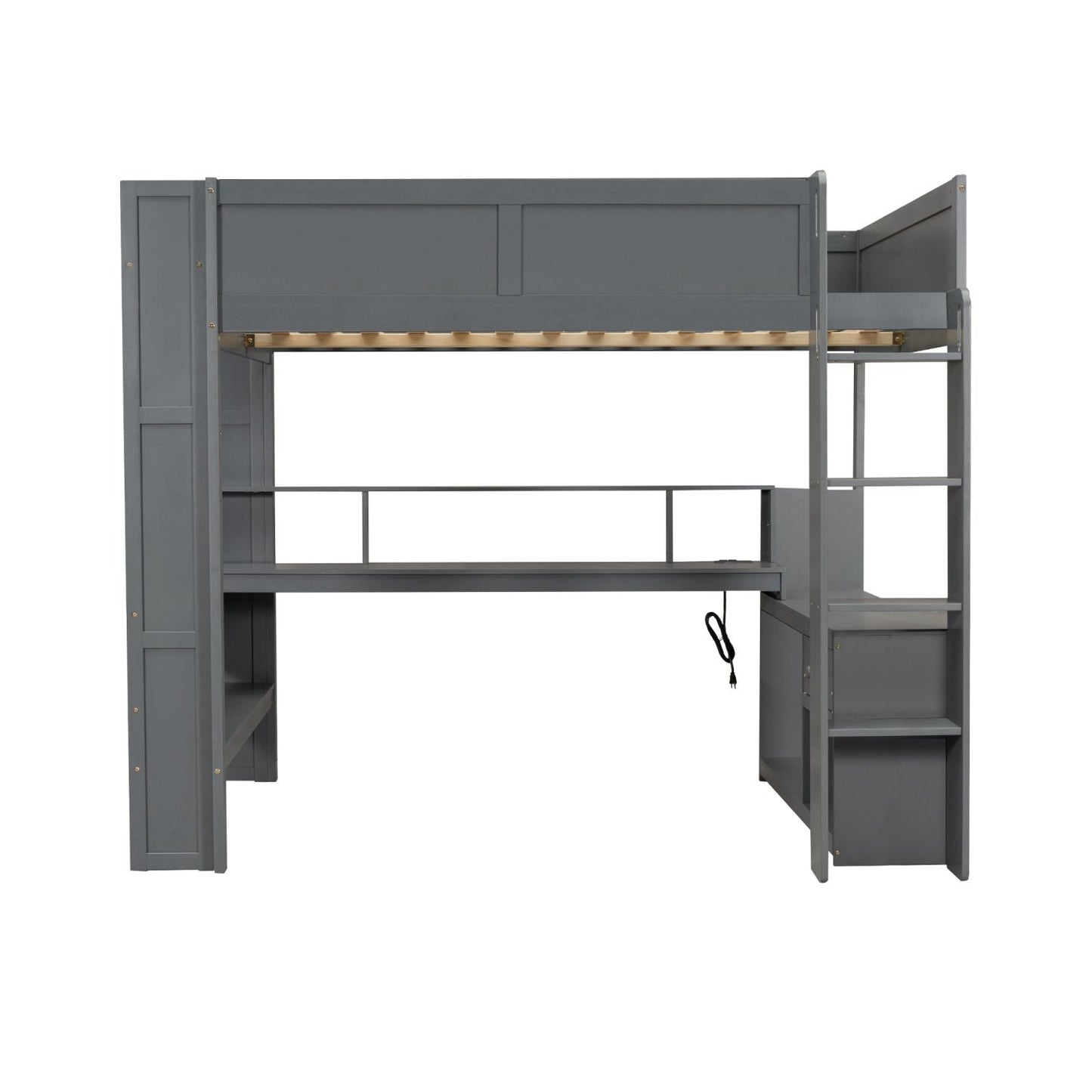 Wood Full Size Gaming Loft Bed with Desk, Multi-storage Shelves, LED and Charging Station, Dark Gray(Old SKU:SM000374AAE) - luxuryhomedecoridea.com
