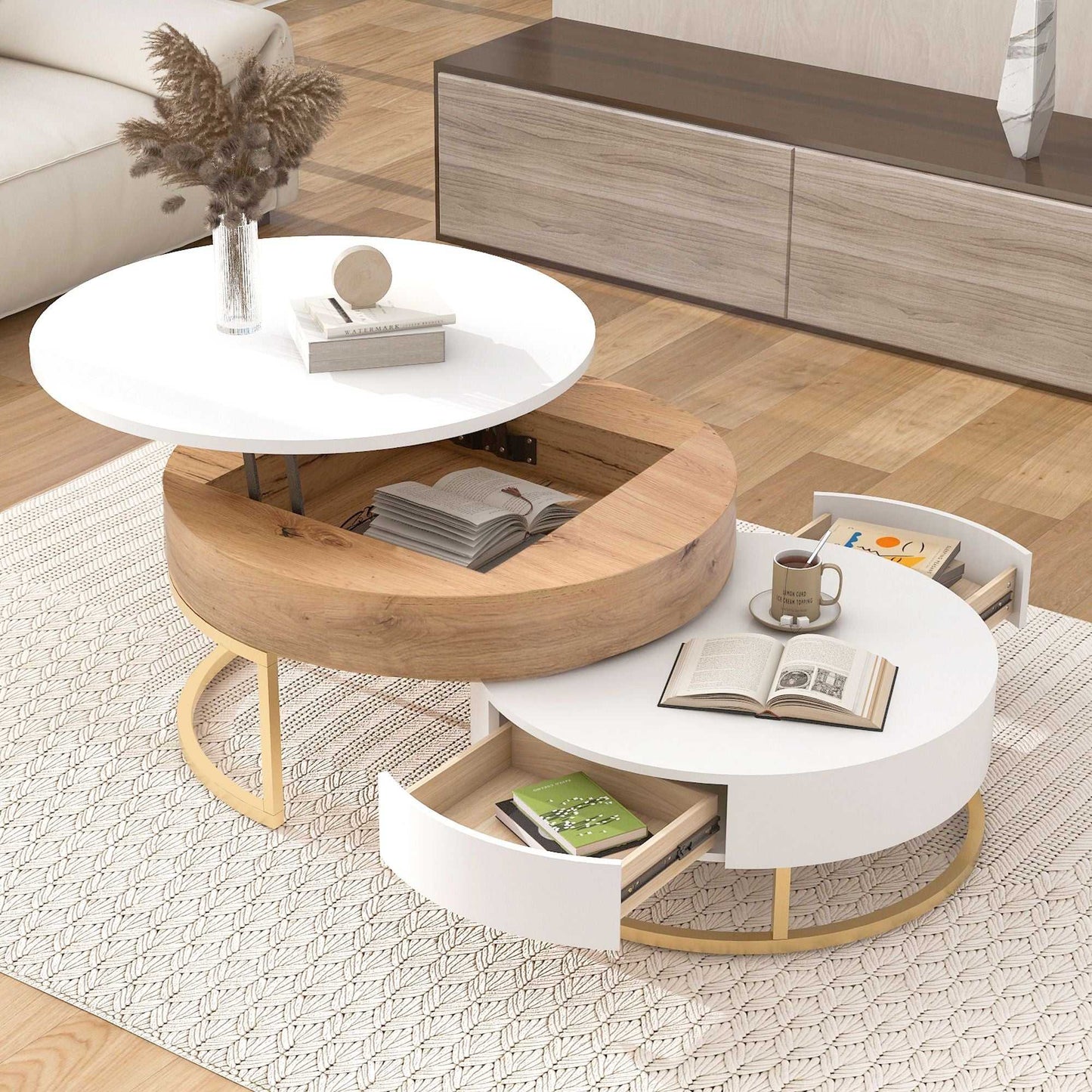 Modern Round Lift-top Nesting Coffee Tables with 2 Drawers - luxuryhomedecoridea.com