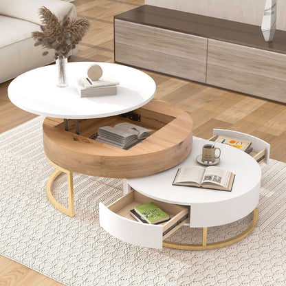 Modern Round Lift-top Nesting Coffee Tables with 2 Drawers - luxuryhomedecoridea.com