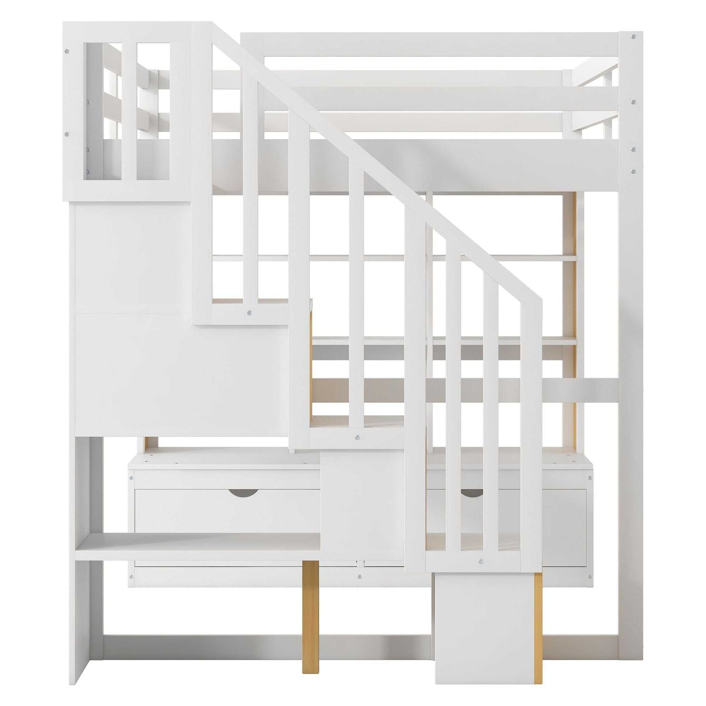 Full Size Loft Bed with Desk and Shelves, Two Built-in Drawers, Storage Staircase, White and Natural - luxuryhomedecoridea.com