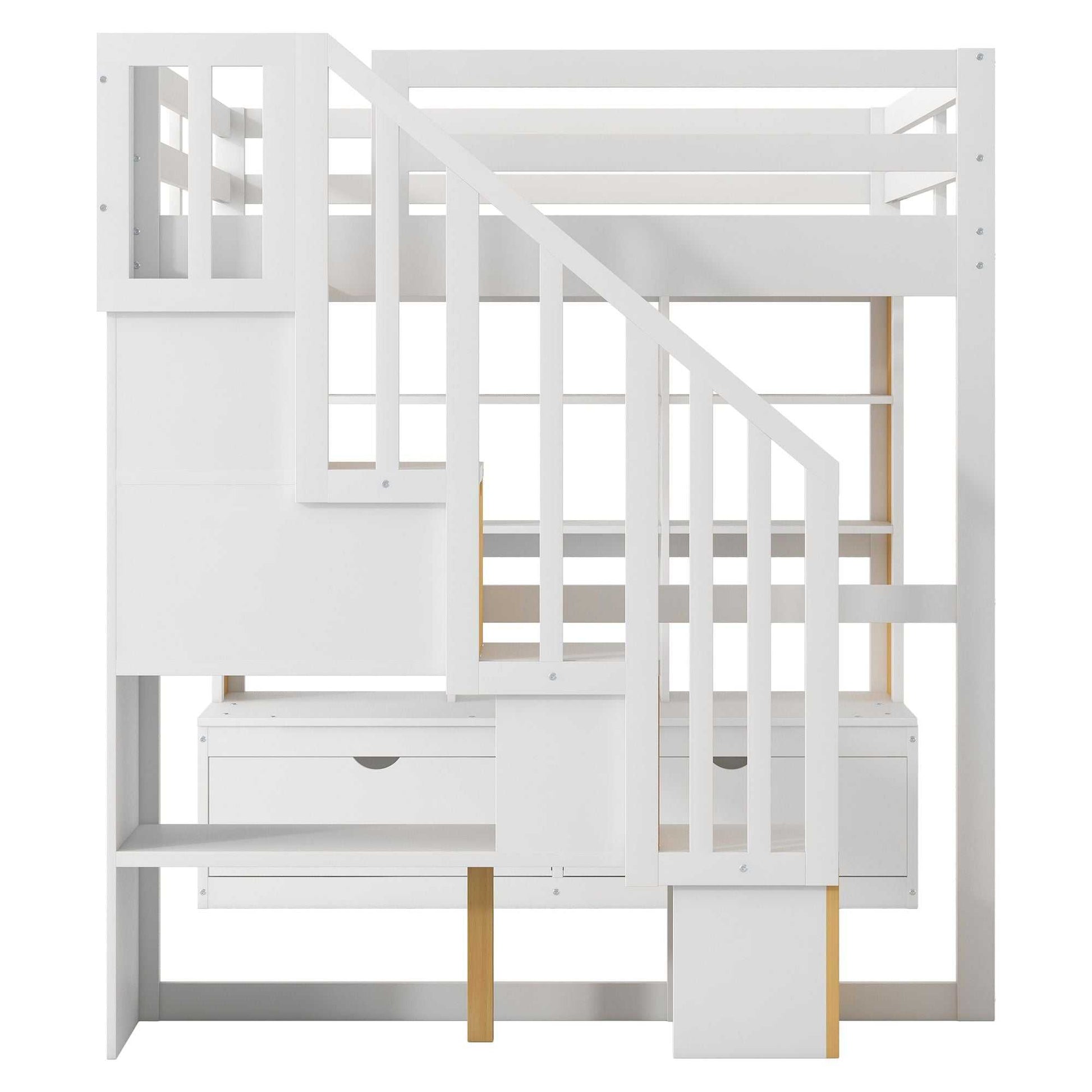 Full Size Loft Bed with Desk and Shelves, Two Built-in Drawers, Storage Staircase, White and Natural - luxuryhomedecoridea.com