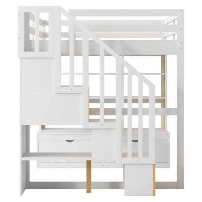 Full Size Loft Bed with Desk and Shelves, Two Built-in Drawers, Storage Staircase, White and Natural - luxuryhomedecoridea.com