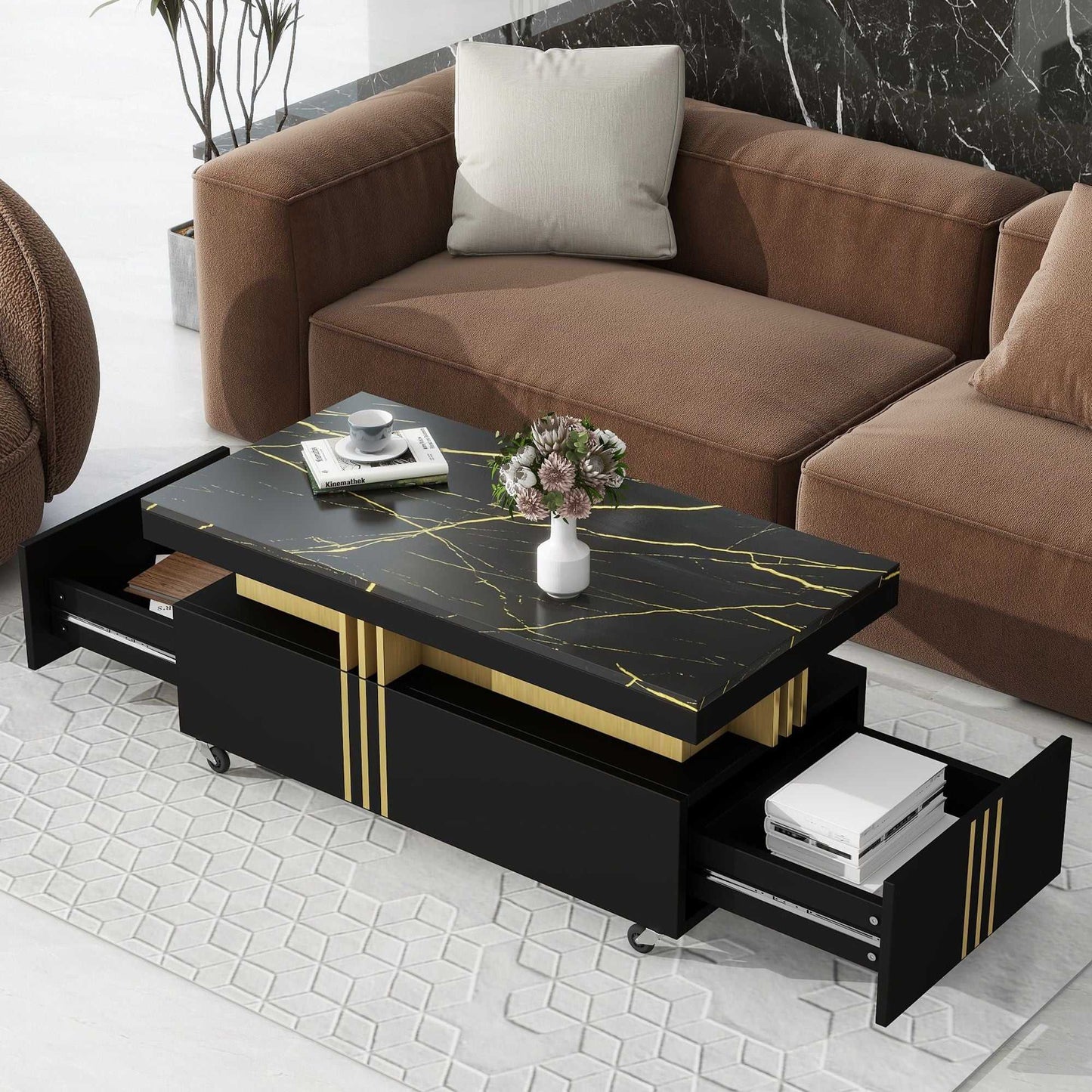 [VIDEO provided] ON-TREND Contemporary Coffee Table with Faux Marble Top, Rectangle Cocktail Table with Caster Wheels, Moderate Luxury Center Table with Gold Metal Bars for Living Room, Black - luxuryhomedecoridea.com