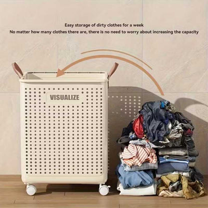Collapsible Laundry Basket with Wheels, Medium-Large White Ceramic Look Hamper with Faux Leather Handles, Portable and Durable Clothes Storage Bin for Bathroom, Balcony, and Home Organization - luxuryhomedecoridea.com