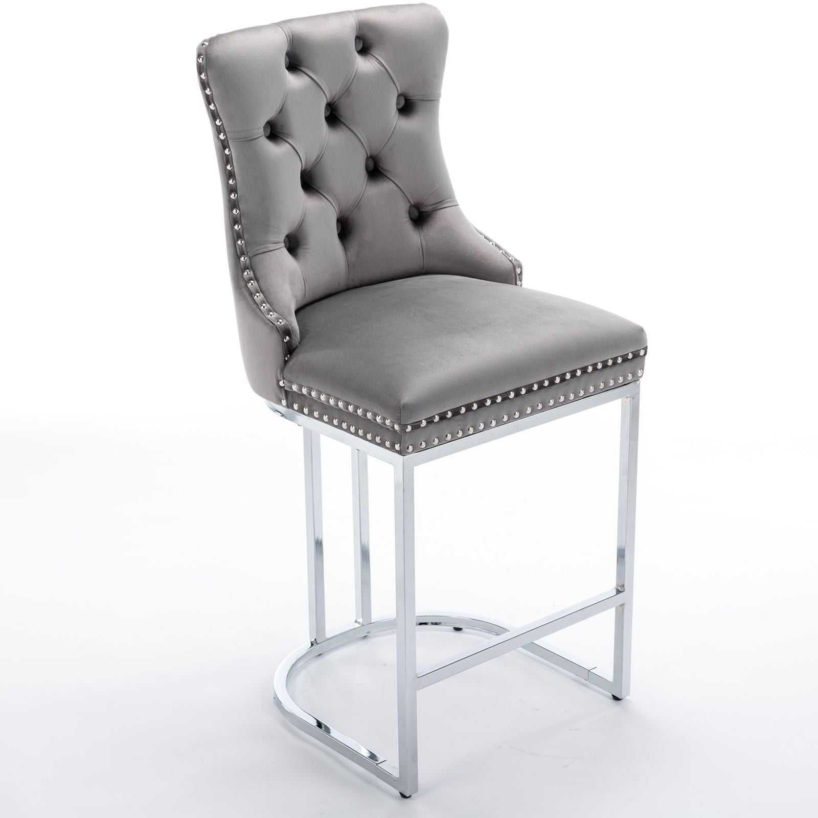 26" Counter Height Bar Stools Set of 2, Modern Velvet Barstools with Button Back&Rivet Trim Upholstered Kitchen Island Chairs with Sturdy Chromed Metal Base Legs Farmhouse Bar Stools, (Gray,2 Pack) - luxuryhomedecoridea.com