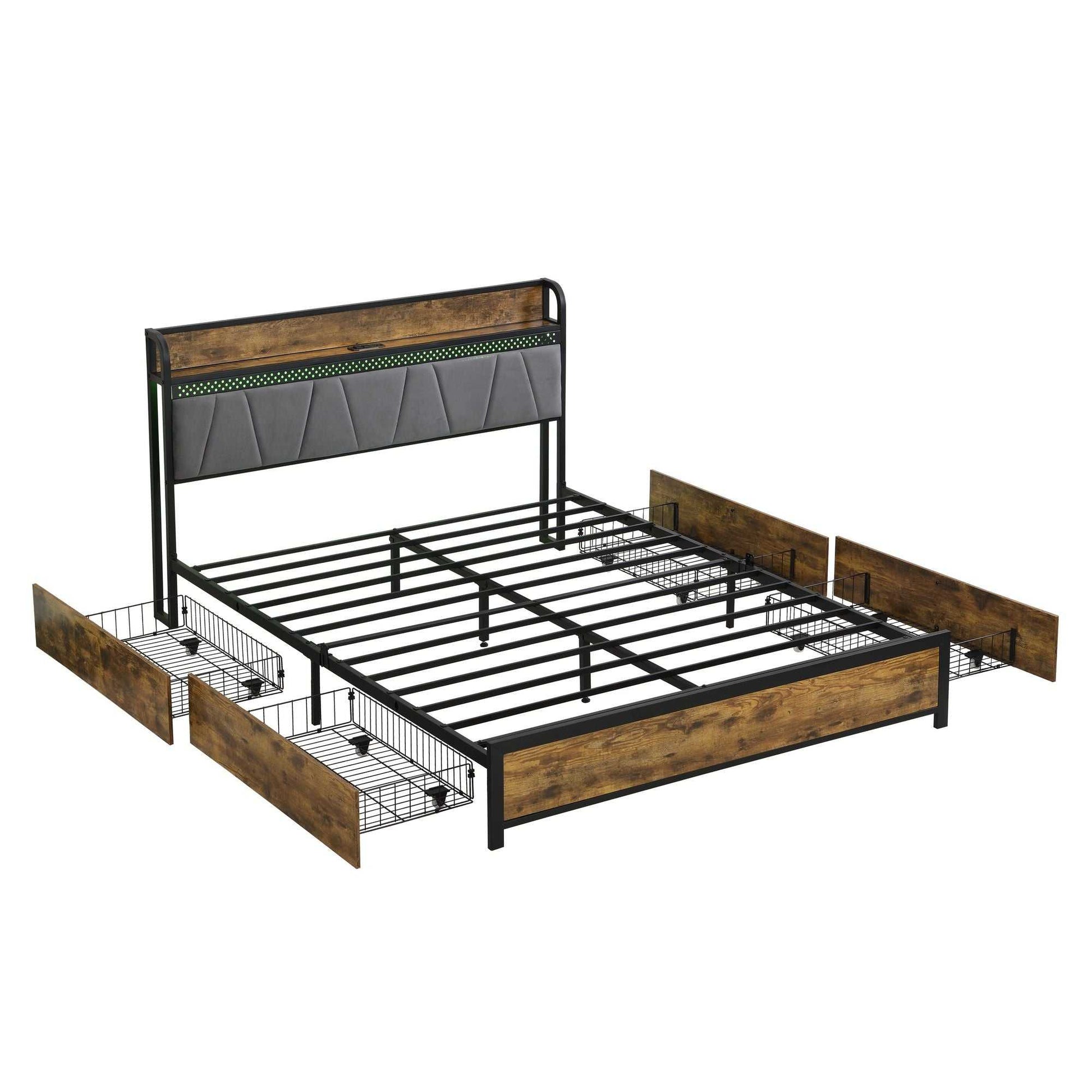 Queen Size Bed Frame, Storage Headboard with Charging Station and 4 Storage Drawers,LED Lights , Brown and Gray - luxuryhomedecoridea.com