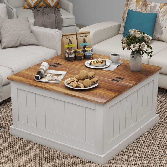 31.5" Farmhouse Coffee Table, Square Wood Center Table with Hinged Lift Top, Rustic Cocktail Table with Large Hidden Storage Compartmen for Living Room-White - luxuryhomedecoridea.com