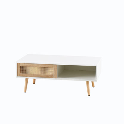 41.34" Rattan Coffee table, sliding door for storage, solid wood legs, Modern table for living room - luxuryhomedecoridea.com