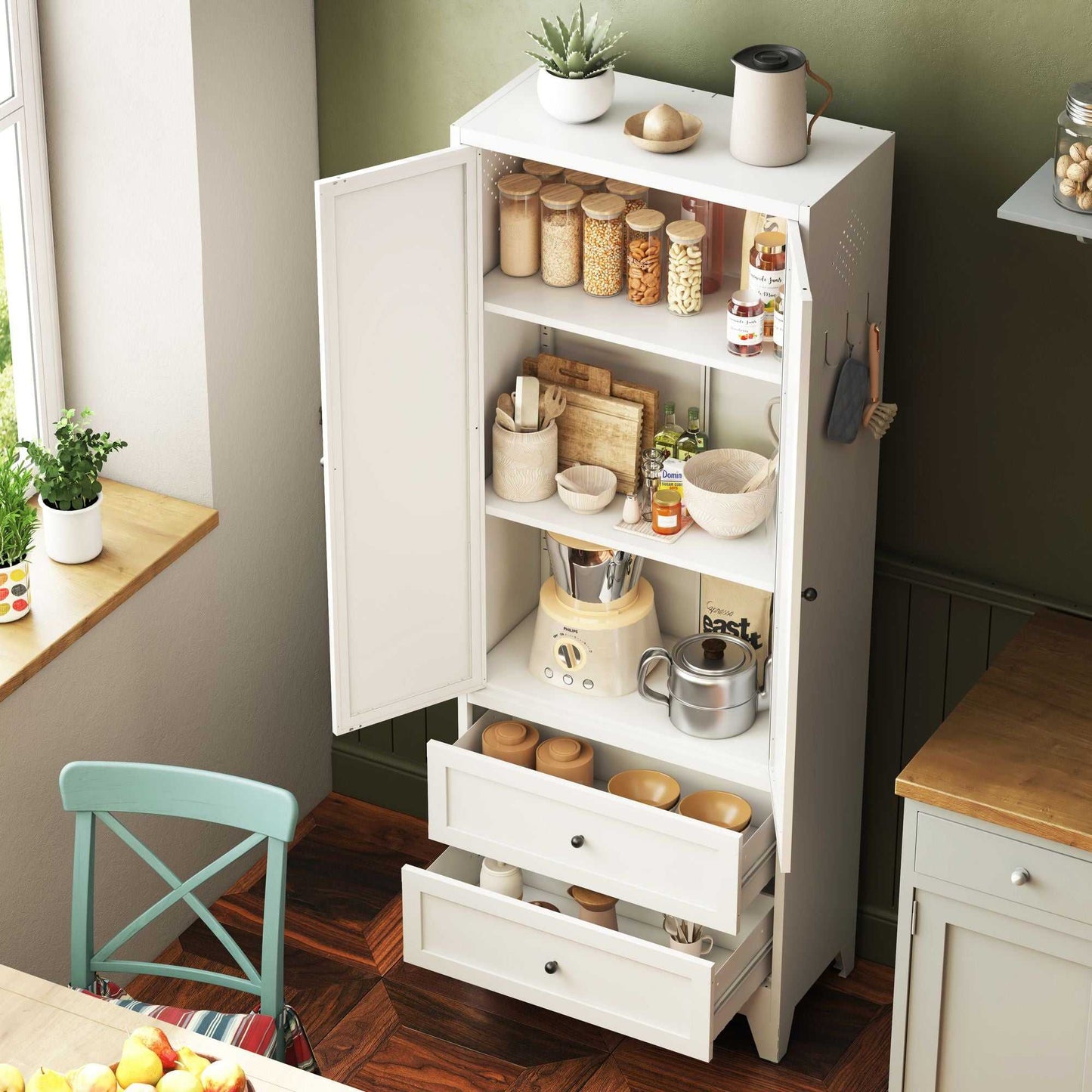 72 Inch White Pantry Cabinet with 2 Drawers, Freestanding Kitchen Storage Cabinet with Adjustable Shelves, Heavy-Duty Organizer for Spices, Dishware, Small Appliances in Kitchen, Pantry, Dining Room - luxuryhomedecoridea.com