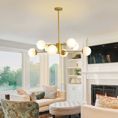 35" Modern 8-Light Gold Chandelier with White Glass Globe Shades, Mid-Century Branching Design, Elegant Ceiling Light Fixture for Dining Room, Living Room, or Bedroom (No Bulbs) - luxuryhomedecoridea.com