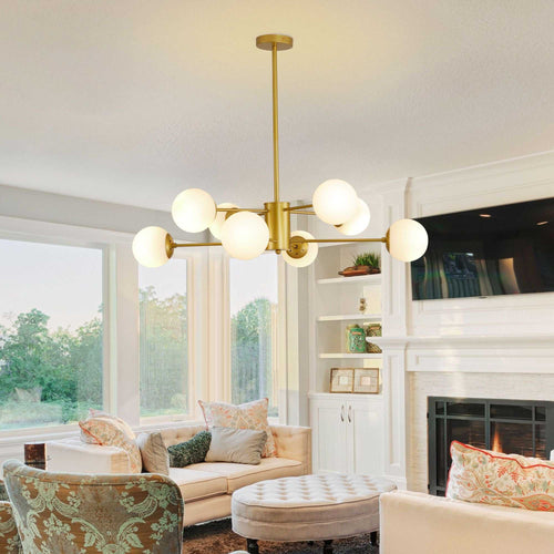 35" Modern 8-Light Gold Chandelier with White Glass Globe Shades, Mid-Century Branching Design, Elegant Ceiling Light Fixture for Dining Room, Living Room, or Bedroom (No Bulbs) - luxuryhomedecoridea.com