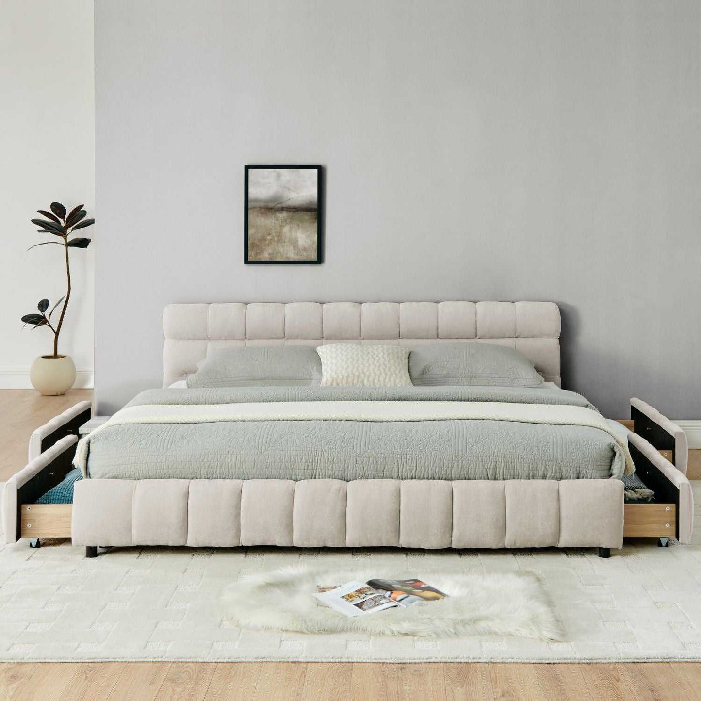 King Size Upholstered Bed ,comfortable upholstered bed frame, Chenille fabric, with headboard and solid bed frame. With drawer for storage.-Beige(88.5''*85.5''*31'') - luxuryhomedecoridea.com