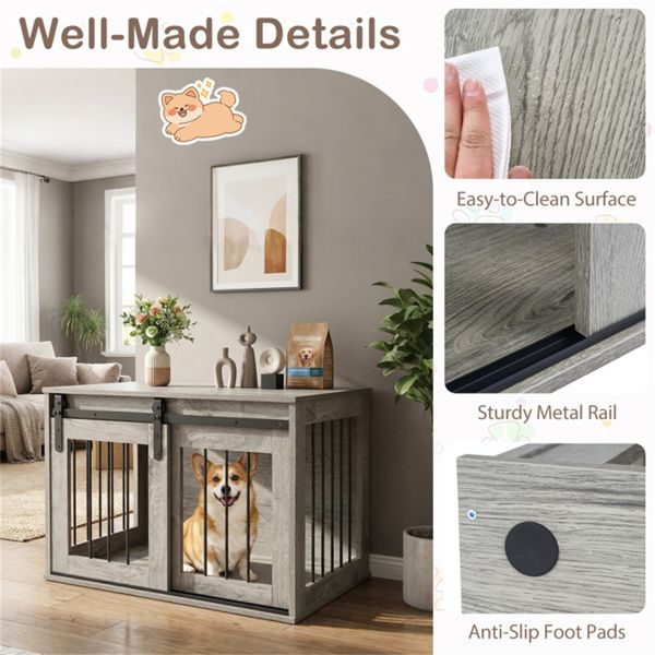 31.5" Dog Crate Furniture with Sliding Barn Door, Wooden Dog Kennel End Table for Indoor Use - Gray - luxuryhomedecoridea.com