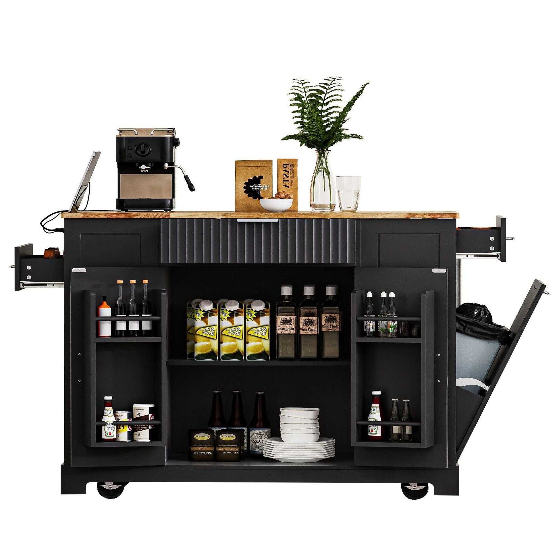 Fluted Kitchen Island with Trash Can Storage Cabinet, Power Outlet, Internal Storage Rack, Rolling Kitchen Islands on 5 Wheels with 3 Drawer, 3 Open Side Racks for 10 Gallon Garbage Bin - luxuryhomedecoridea.com