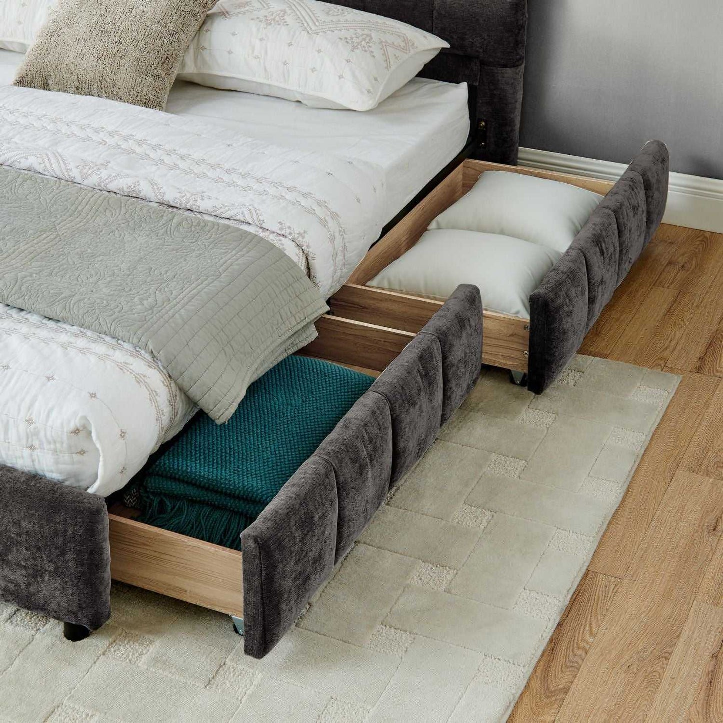 King Size Upholstered Bed ,comfortable upholstered bed frame, Chenille fabric, with headboard and solid bed frame. With drawer for storage.-Dark Gray(88.5''*85.5''*31'') - luxuryhomedecoridea.com