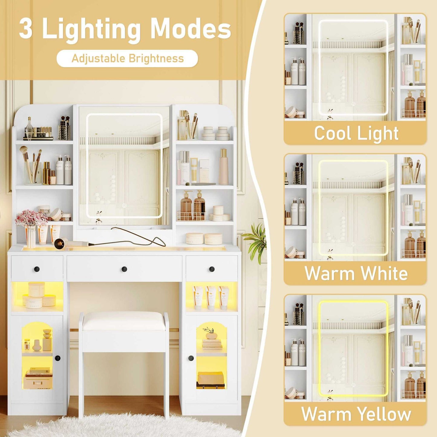 43.2" Vanity Desk with LED Mirror and Lights, Glass Top Vanity with RGB Glass Light Cabinets, Dressing Table with 3 Drawers ,Storage Shelves and Stool for Bedroom - luxuryhomedecoridea.com
