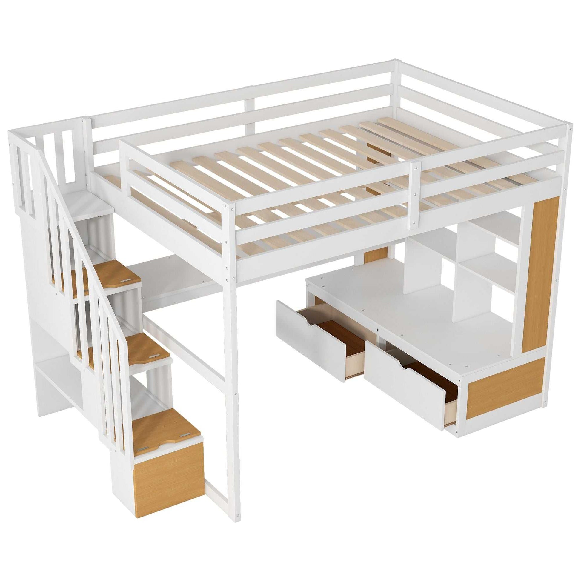 Full Size Loft Bed with Desk and Shelves, Two Built-in Drawers, Storage Staircase, White and Natural - luxuryhomedecoridea.com