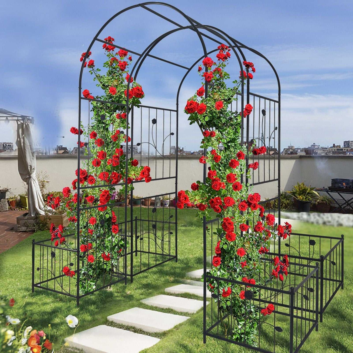 Elegant Metal Garden Arch with Dual Plant Stands - 79.5'' Wide x 86.6'' High Climbing Support for Roses & Vines - Outdoor Black Trellis Decoration - luxuryhomedecoridea.com
