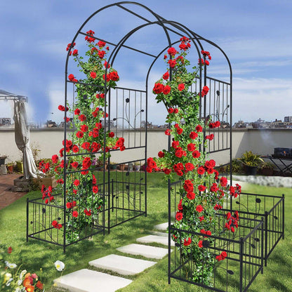 Elegant Metal Garden Arch with Dual Plant Stands - 79.5'' Wide x 86.6'' High Climbing Support for Roses & Vines - Outdoor Black Trellis Decoration - luxuryhomedecoridea.com