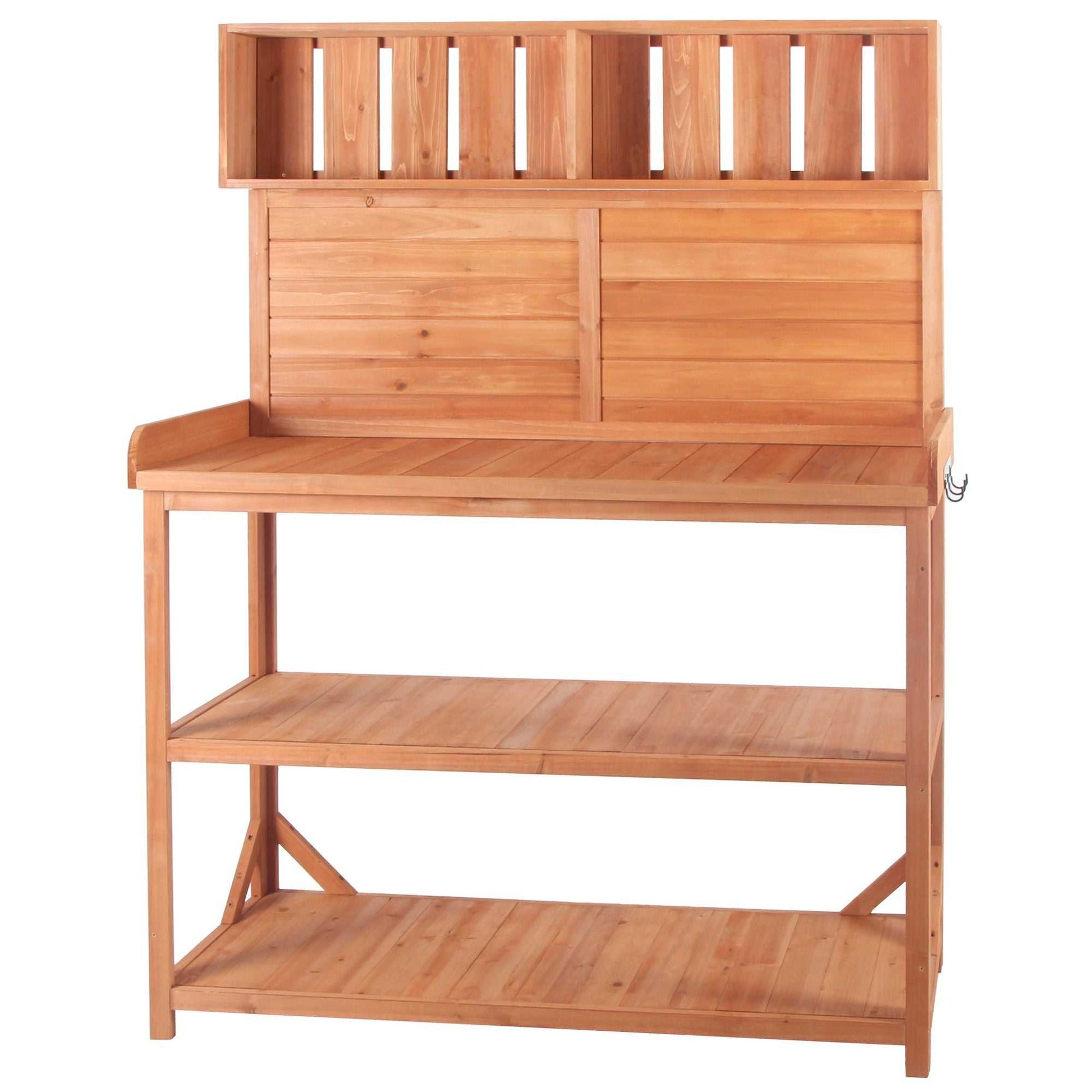65" Large Wooden Farmhouse Rustic Outdoor Potting Bench Table; Patio Workstation; Garden Potting Bench with 4 Storage Shelves and Side Hook - luxuryhomedecoridea.com