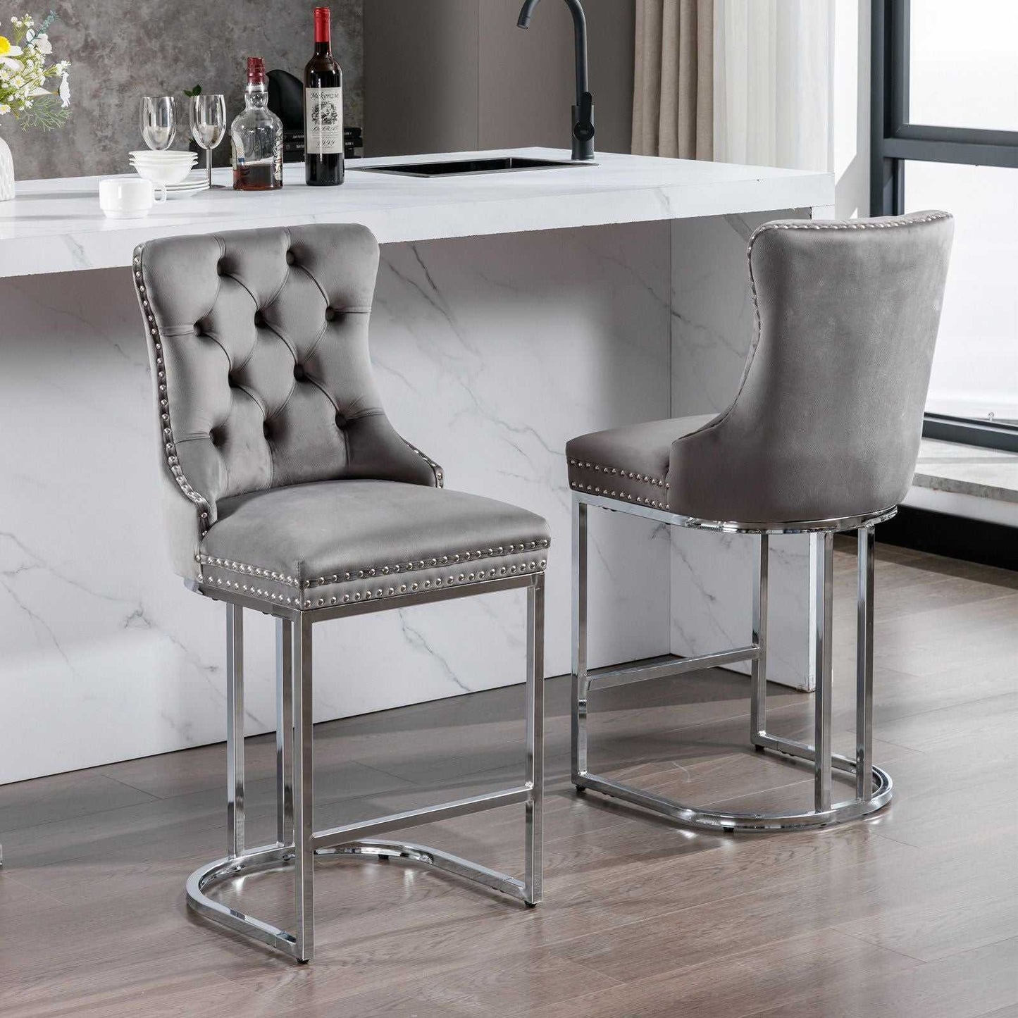 26" Counter Height Bar Stools Set of 2, Modern Velvet Barstools with Button Back&Rivet Trim Upholstered Kitchen Island Chairs with Sturdy Chromed Metal Base Legs Farmhouse Bar Stools, (Gray,2 Pack) - luxuryhomedecoridea.com
