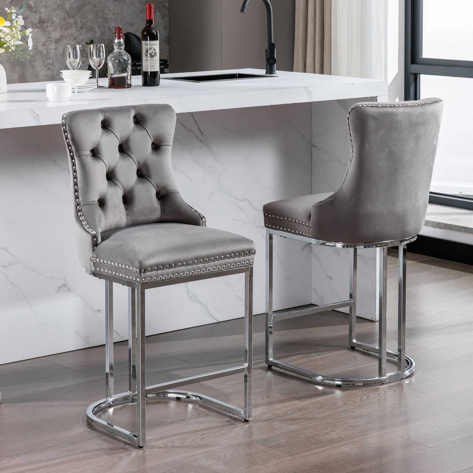 26" Counter Height Bar Stools Set of 2, Modern Velvet Barstools with Button Back&Rivet Trim Upholstered Kitchen Island Chairs with Sturdy Chromed Metal Base Legs Farmhouse Bar Stools, (Gray,2 Pack) - luxuryhomedecoridea.com