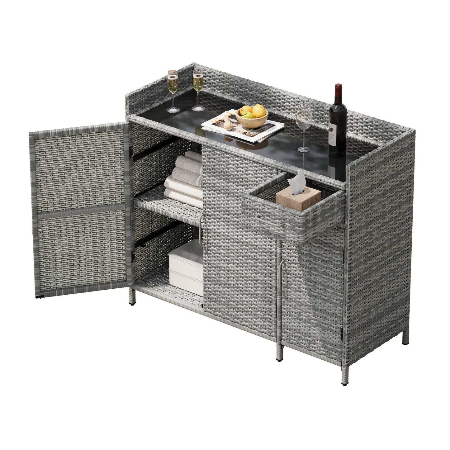 47.5"W Wicker Outdoor Storage Cabinet with Tempered Glass Desktop, Weather-proof Rattan Bar Table with Three Doors, Adjustable Shelf, and One Drawer, for Outdoor Cushions, Pool Toys - luxuryhomedecoridea.com