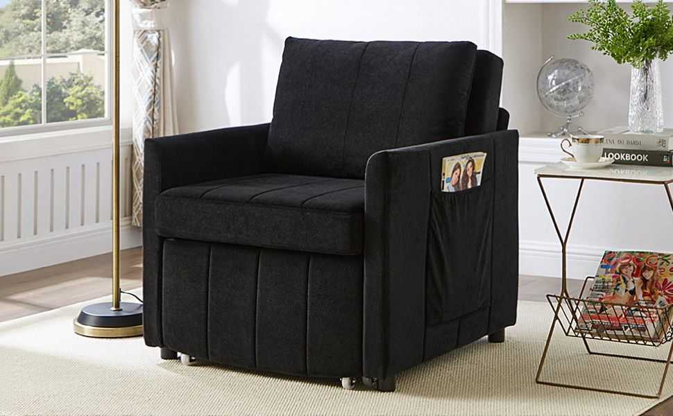 Upholstered Convertible Sleeper Sofa, 31.5" Pull Out Sofa Bed with 5-Position Adjustable Backrest, Side Pockets and a Storage Basket, Fold Out Chair Bed, Lounger For Living Room, Apartment, Black - luxuryhomedecoridea.com