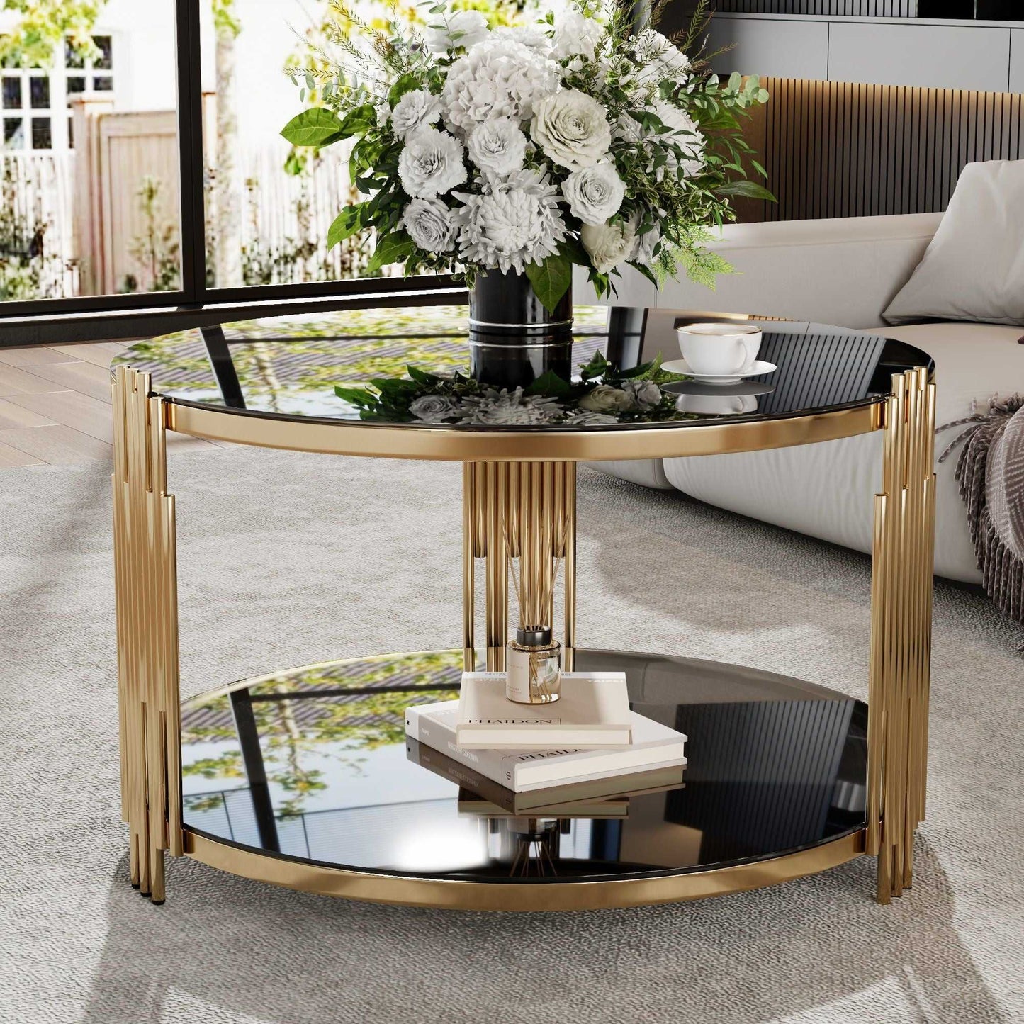 Modern Black Mirror Coffee Table, Asymmetrical Metal, Circular Metal Drum Base, Gold Finish & Lower Shelf - luxuryhomedecoridea.com