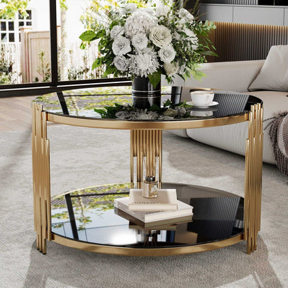 Modern Black Mirror Coffee Table, Asymmetrical Metal, Circular Metal Drum Base, Gold Finish & Lower Shelf - luxuryhomedecoridea.com