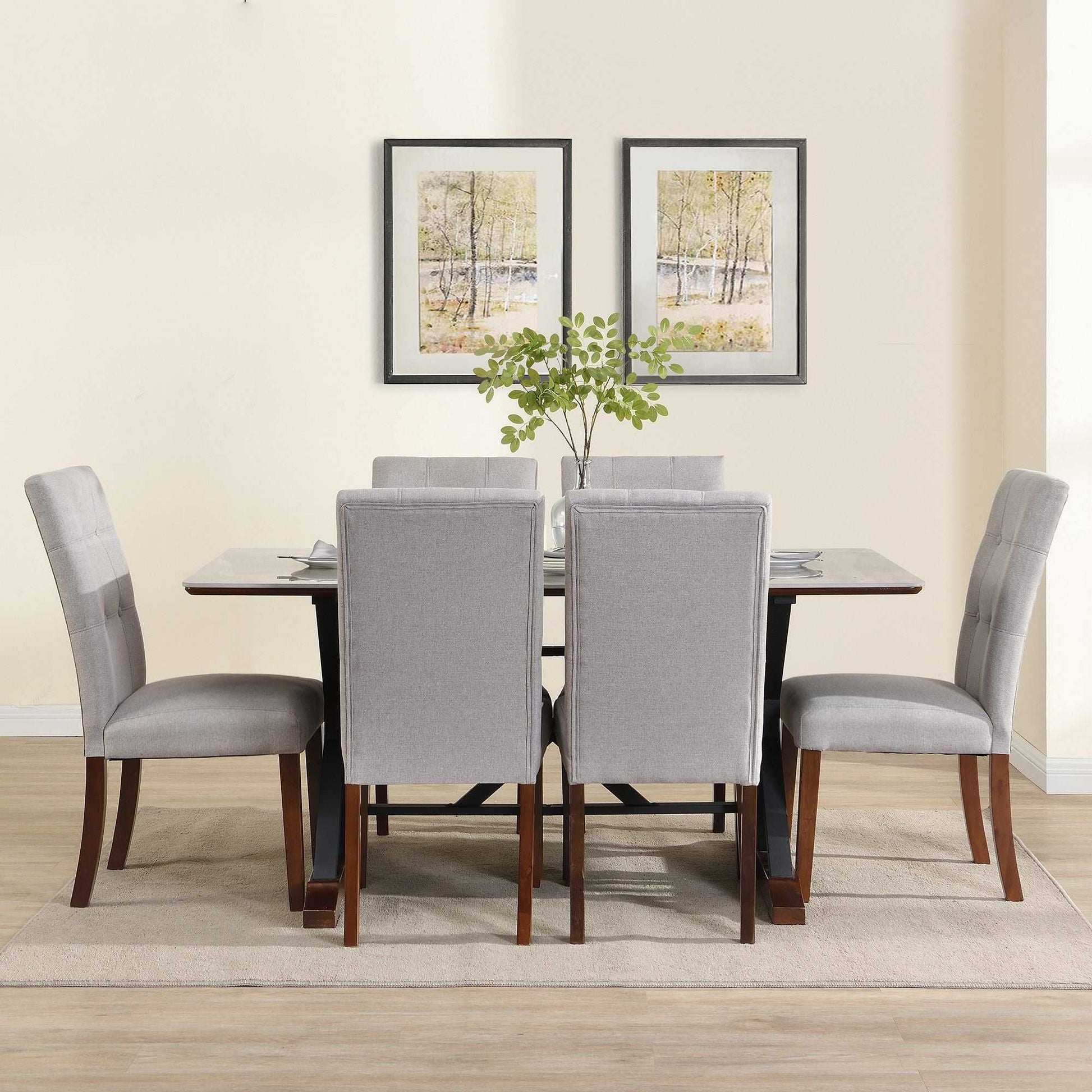 7-piece Modern Dining Table Set, Gray Sintered Stone Dining Table with 6 Tufted Upholstered Chairs, 63-inch Rectangle Dining Table for Dining Room - luxuryhomedecoridea.com