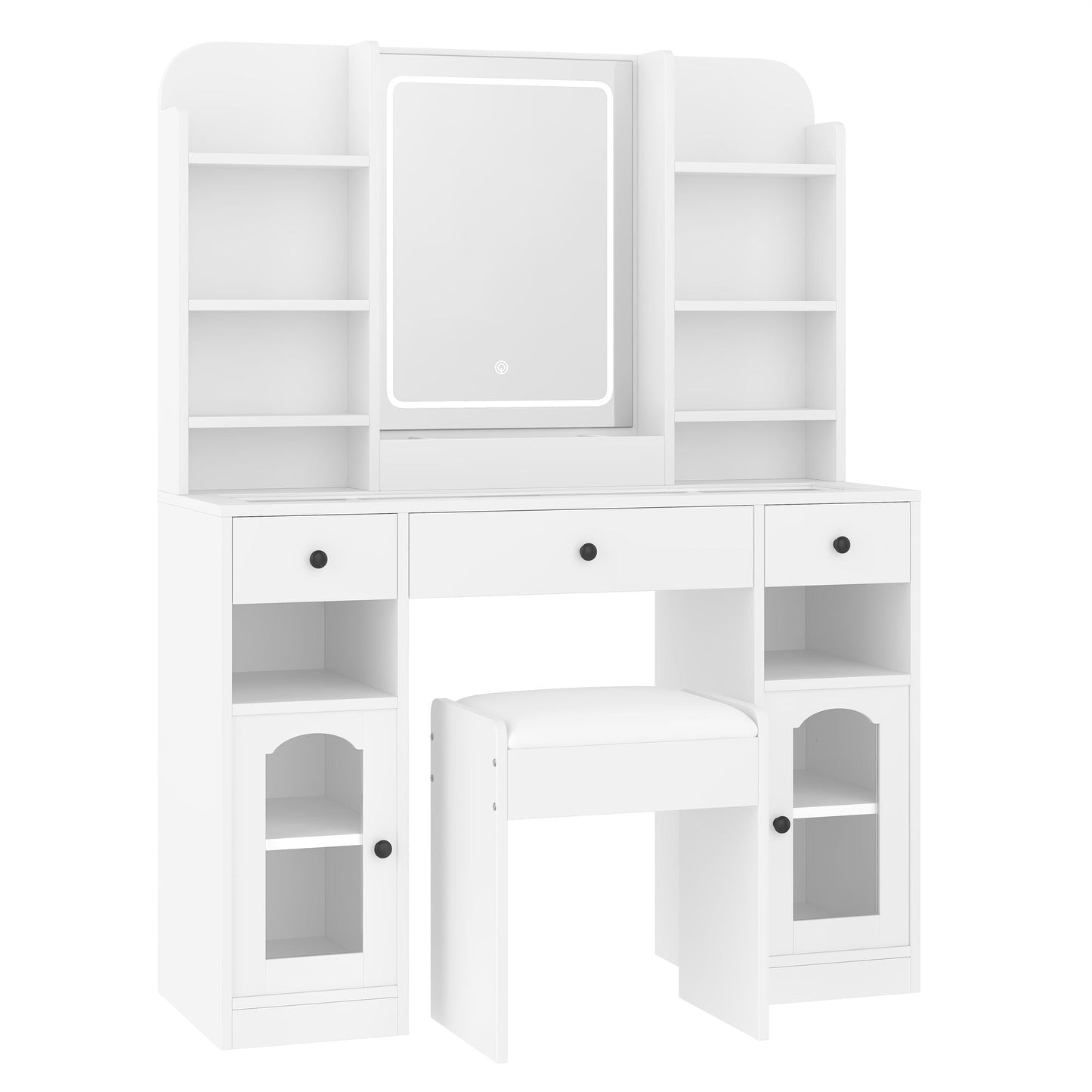 43.2" Vanity Desk with LED Mirror and Lights, Glass Top Vanity with RGB Glass Light Cabinets, Dressing Table with 3 Drawers ,Storage Shelves and Stool for Bedroom - luxuryhomedecoridea.com
