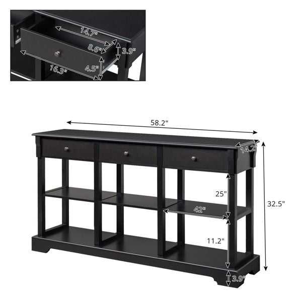 Console Sofa Table with Ample Storage; Retro Kitchen Buffet Cabinet Sideboard with Open Shelves and 3 Drawers; Accent Storage Cabinet for Entryway/Living Room Black Color - luxuryhomedecoridea.com