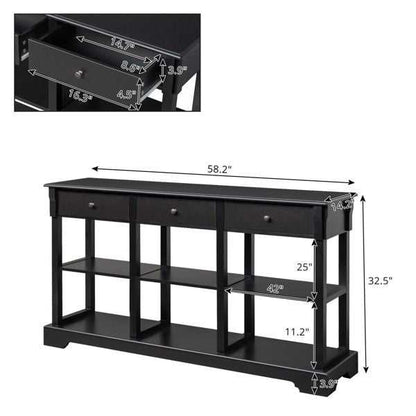 Console Sofa Table with Ample Storage; Retro Kitchen Buffet Cabinet Sideboard with Open Shelves and 3 Drawers; Accent Storage Cabinet for Entryway/Living Room Black Color - luxuryhomedecoridea.com