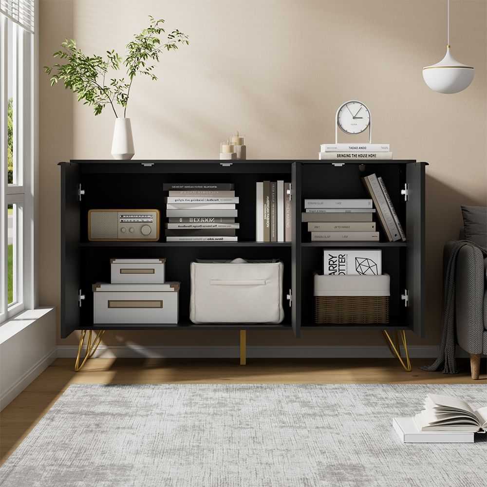 Sideboard Storage Cabinet with Adjustable Shelves, Buffet Cabinet, Elegant Fashionable Storage Cabinet with Golden Handle and Metal Legs, Modern Coffee Bar Station, Wood Kitchen Table - luxuryhomedecoridea.com